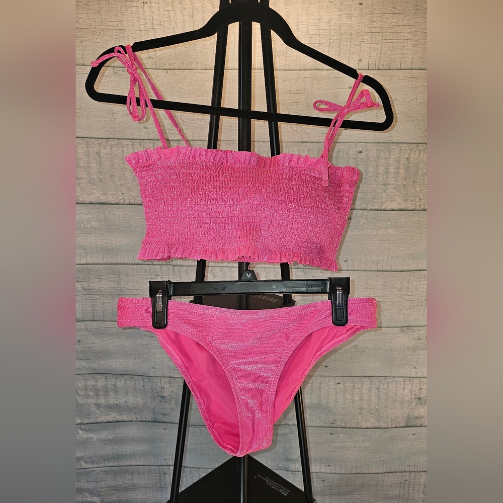 Jessica Simpson Pink Glitter Bikini Set With Smocked Top